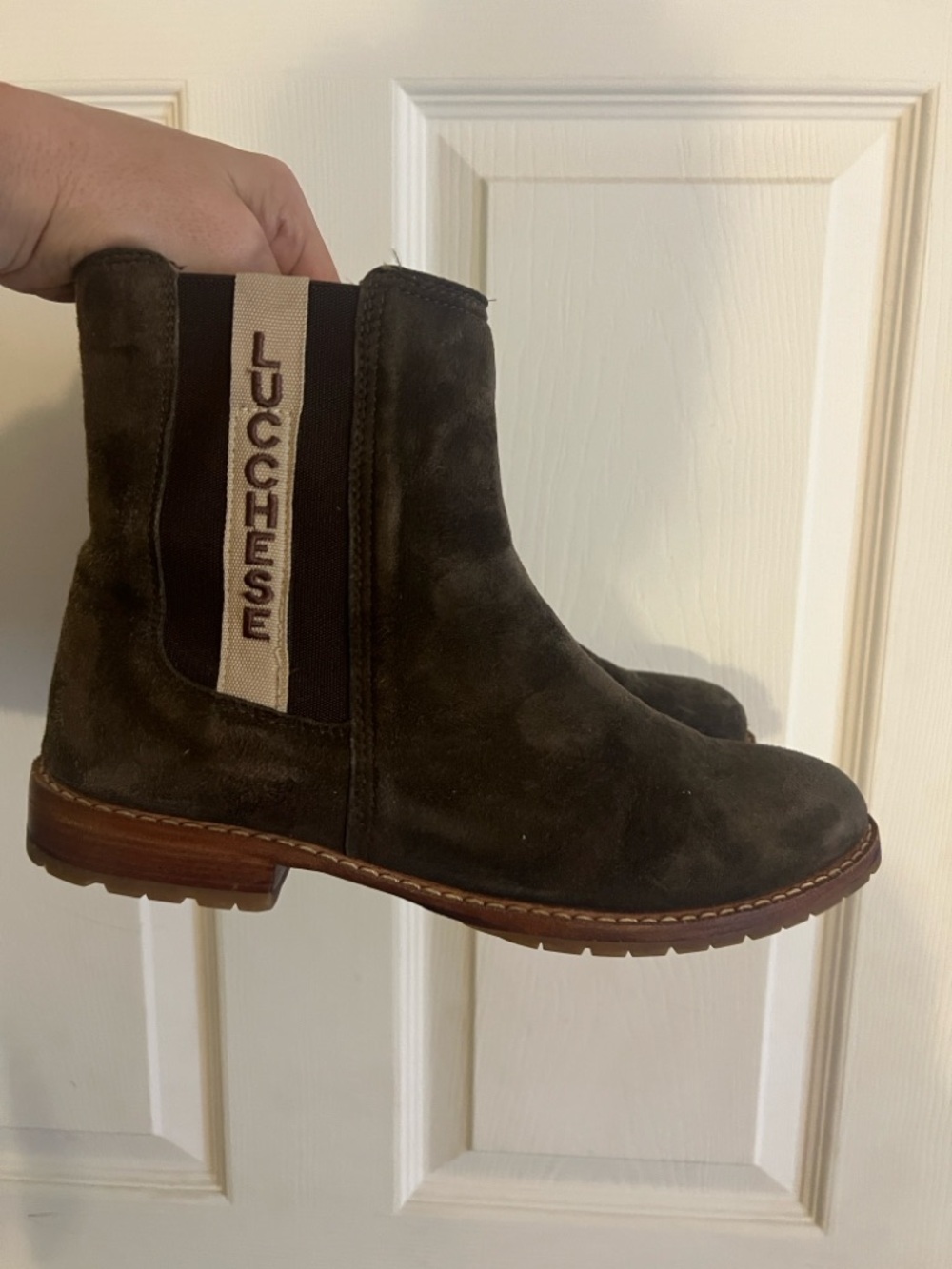 Lucchese Dark Chocolate Suede Garden Boot with Branded Side Tape